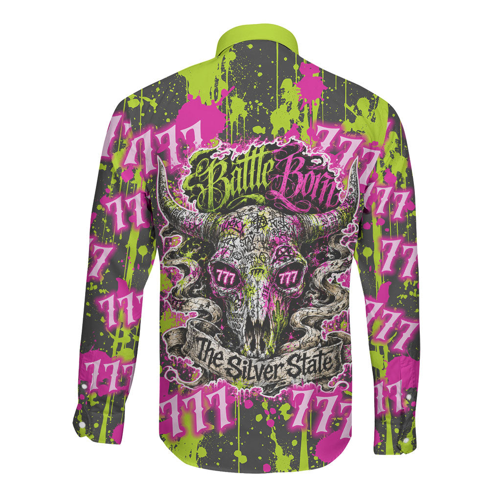 Nevada Battle Born The Silver State 777 Long Sleeve Button Shirt Vibrant Lime Pink Splatter Punk Rock Bull Skull Art