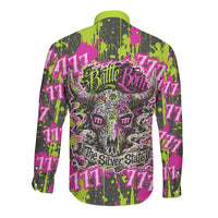 Nevada Battle Born The Silver State 777 Long Sleeve Button Shirt Vibrant Lime Pink Splatter Punk Rock Bull Skull Art