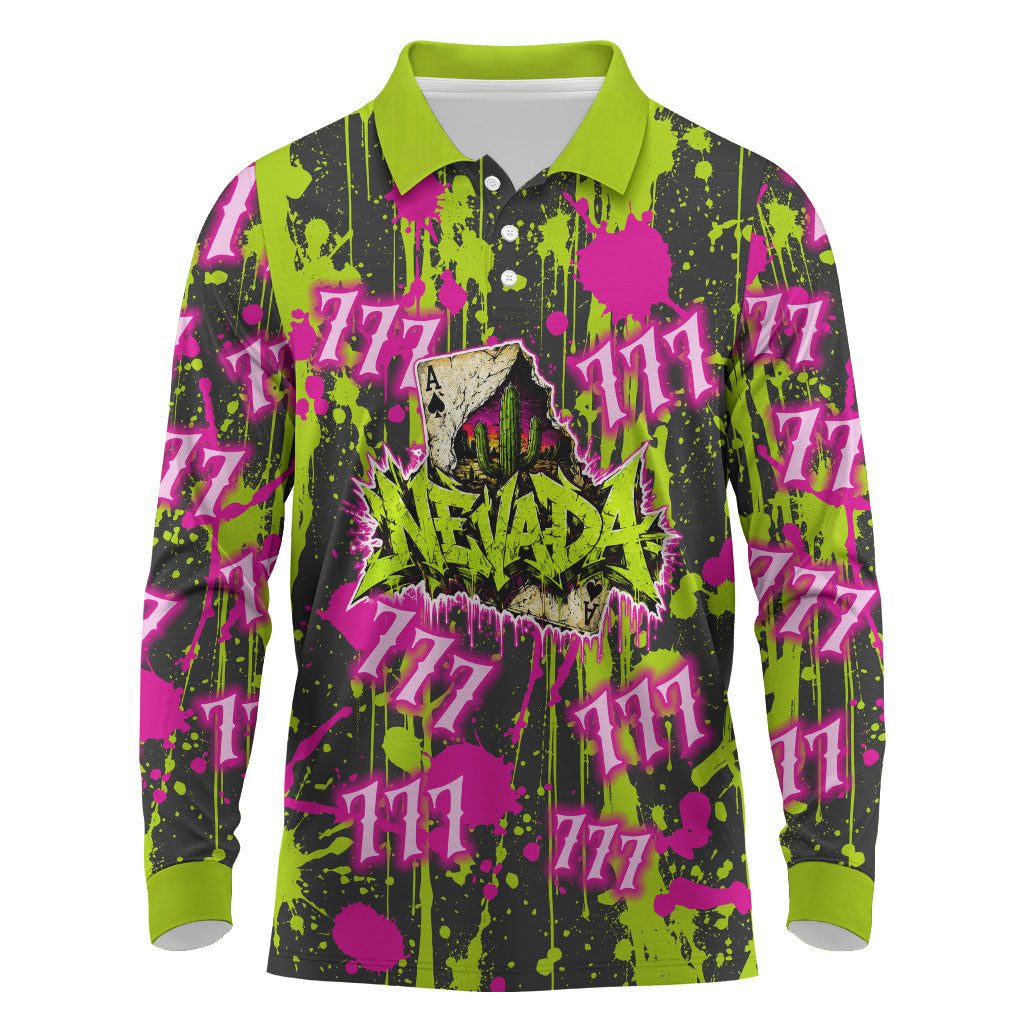 Nevada Battle Born The Silver State 777 Long Sleeve Polo Shirt Vibrant Lime Pink Splatter Punk Rock Bull Skull Art