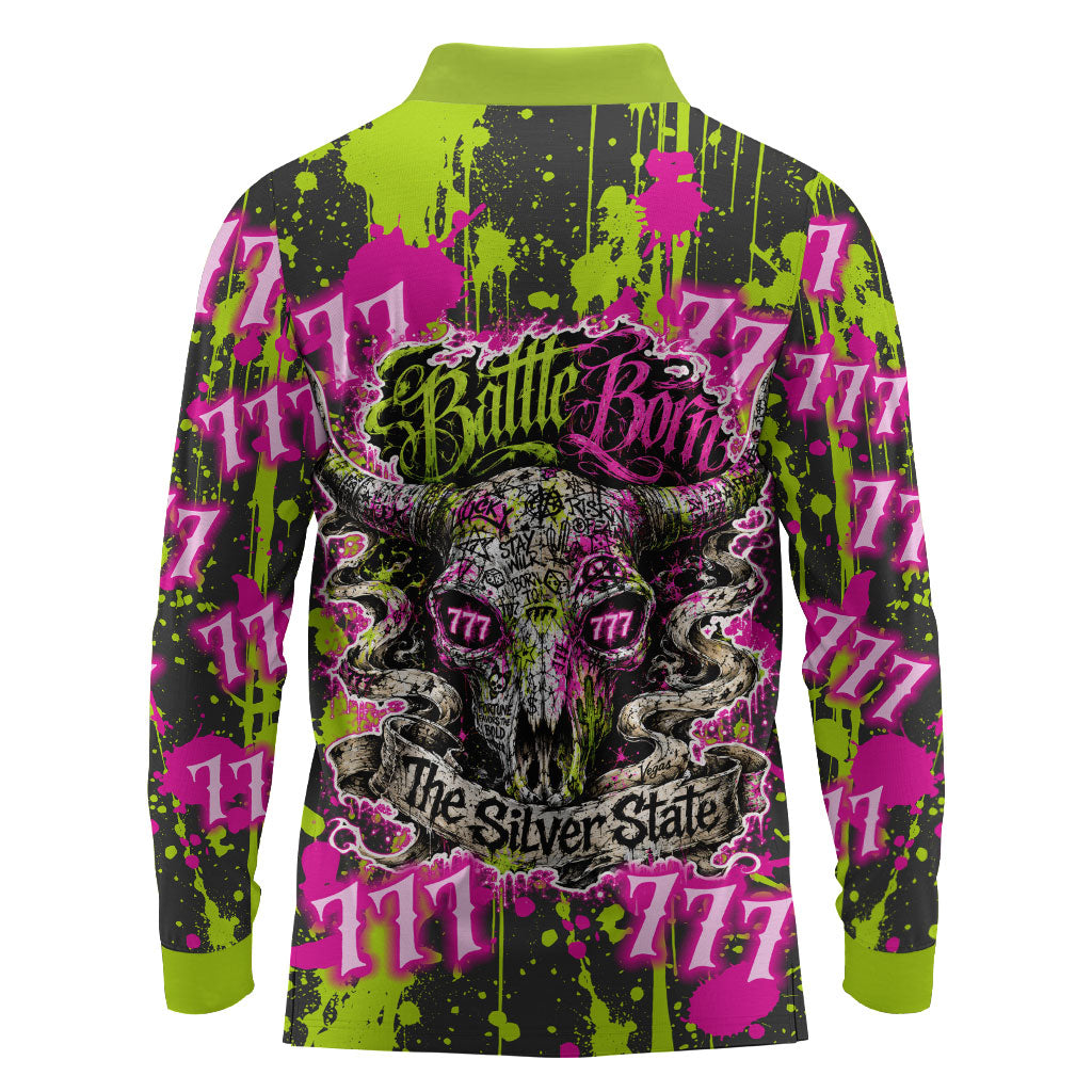 Nevada Battle Born The Silver State 777 Long Sleeve Polo Shirt Vibrant Lime Pink Splatter Punk Rock Bull Skull Art