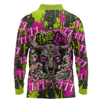 Nevada Battle Born The Silver State 777 Long Sleeve Polo Shirt Vibrant Lime Pink Splatter Punk Rock Bull Skull Art