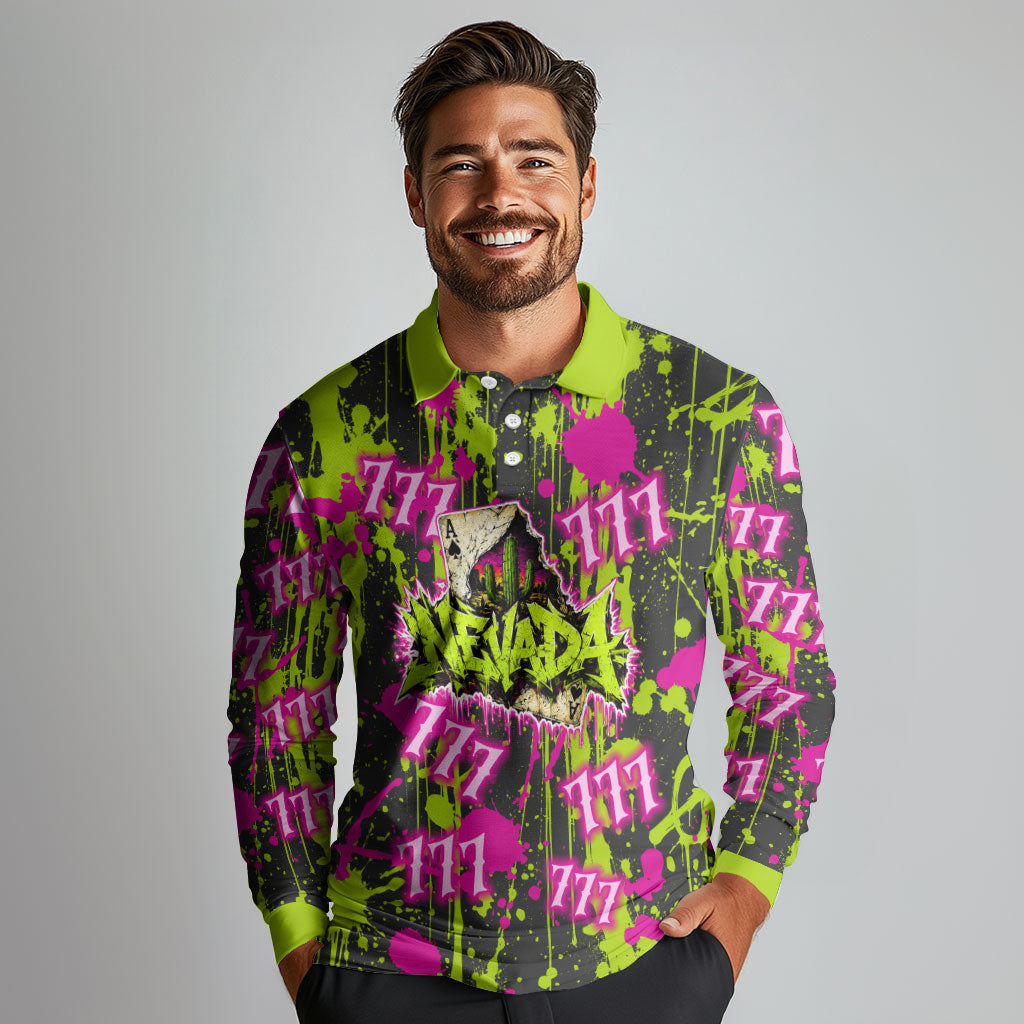 Nevada Battle Born The Silver State 777 Long Sleeve Polo Shirt Vibrant Lime Pink Splatter Punk Rock Bull Skull Art