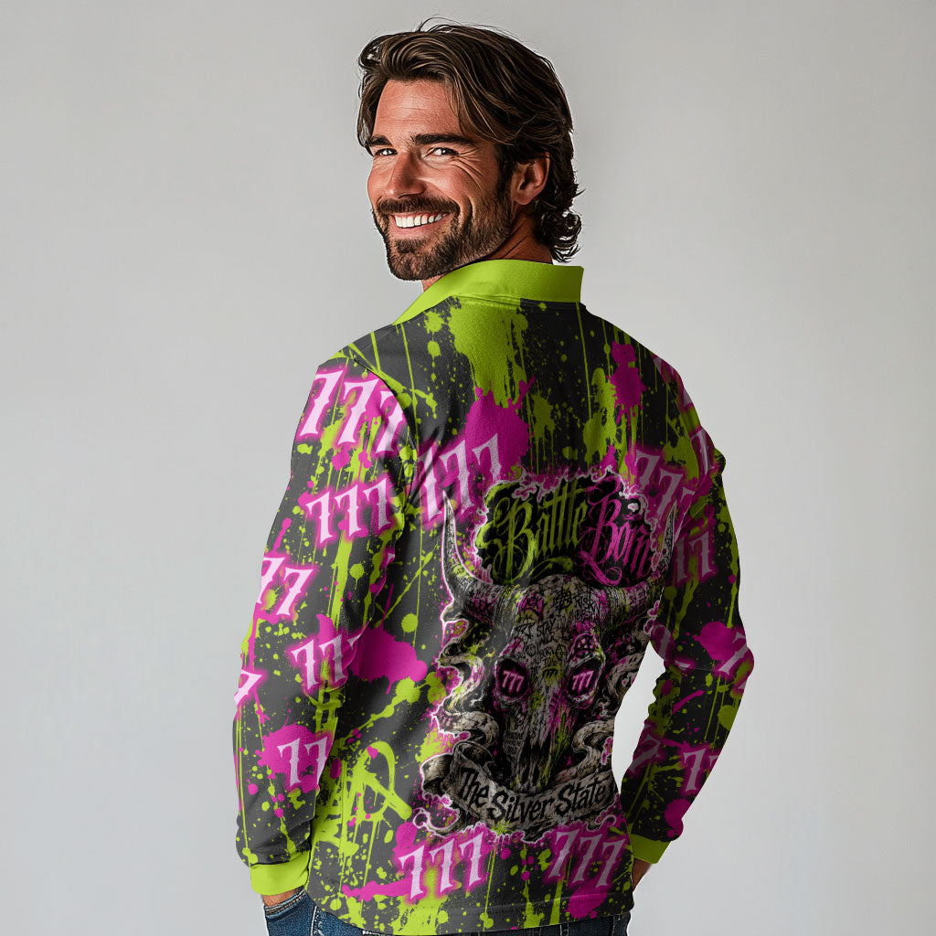 Nevada Battle Born The Silver State 777 Long Sleeve Polo Shirt Vibrant Lime Pink Splatter Punk Rock Bull Skull Art