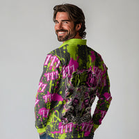 Nevada Battle Born The Silver State 777 Long Sleeve Polo Shirt Vibrant Lime Pink Splatter Punk Rock Bull Skull Art