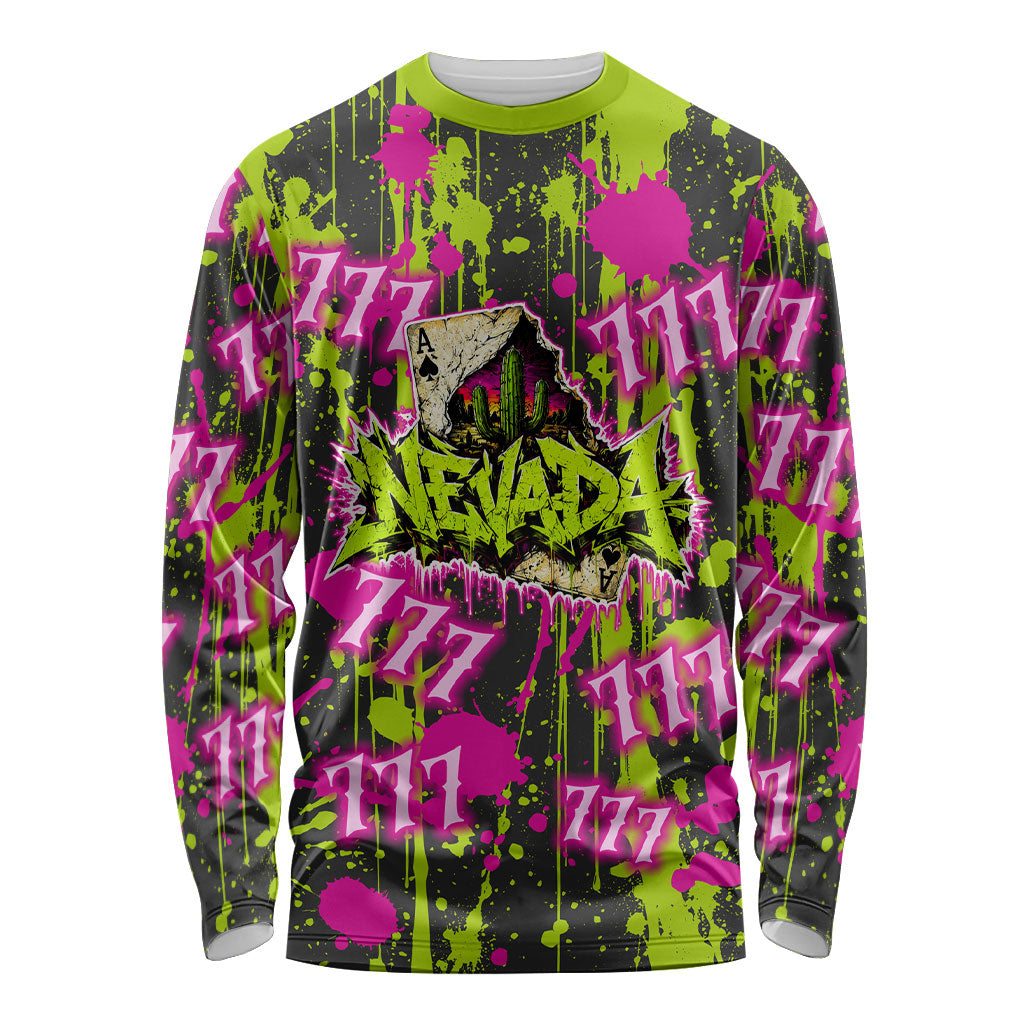 Nevada Battle Born The Silver State 777 Long Sleeve Shirt Vibrant Lime Pink Splatter Punk Rock Bull Skull Art