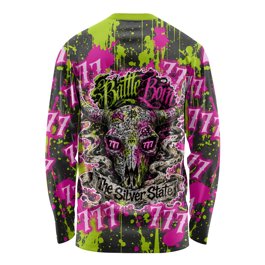 Nevada Battle Born The Silver State 777 Long Sleeve Shirt Vibrant Lime Pink Splatter Punk Rock Bull Skull Art