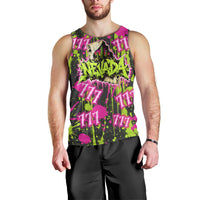 Nevada Battle Born The Silver State 777 Men Tank Top Vibrant Lime Pink Splatter Punk Rock Bull Skull Art