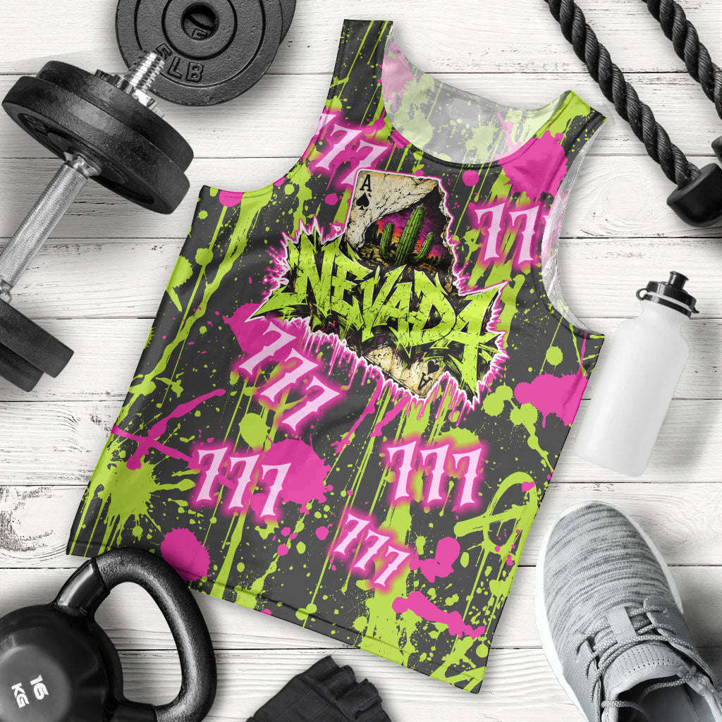 Nevada Battle Born The Silver State 777 Men Tank Top Vibrant Lime Pink Splatter Punk Rock Bull Skull Art