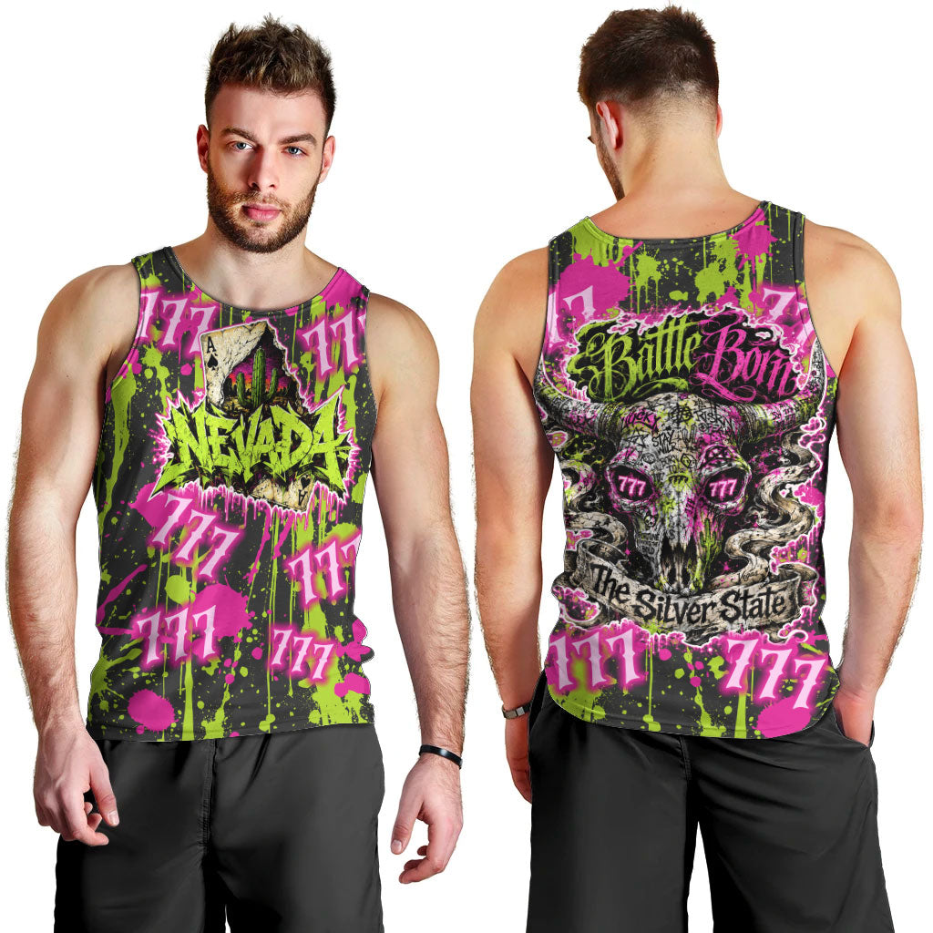 Nevada Battle Born The Silver State 777 Men Tank Top Vibrant Lime Pink Splatter Punk Rock Bull Skull Art