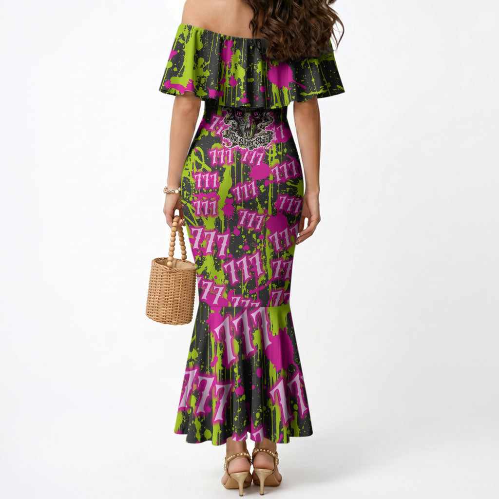 Nevada Battle Born The Silver State 777 Mermaid Dress Vibrant Lime Pink Splatter Punk Rock Bull Skull Art