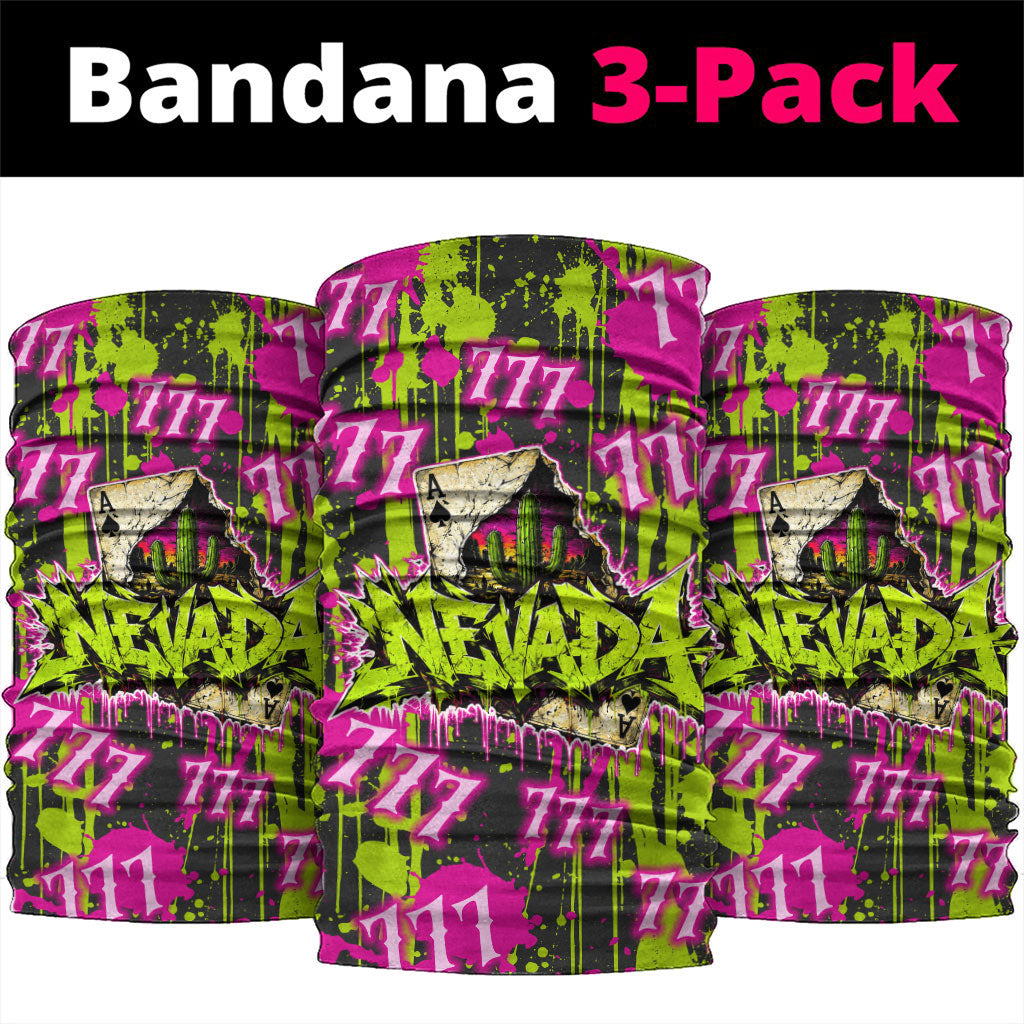 Nevada Battle Born The Silver State 777 Neck Gaiter Vibrant Lime Pink Splatter Punk Rock Bull Skull Art