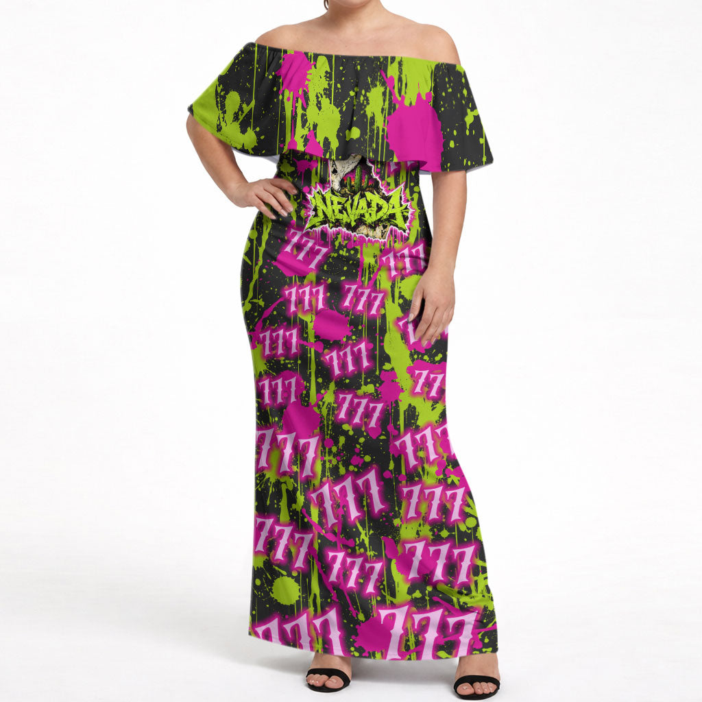 Nevada Battle Born The Silver State 777 Off Shoulder Maxi Dress Vibrant Lime Pink Splatter Punk Rock Bull Skull Art