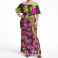 Nevada Battle Born The Silver State 777 Off Shoulder Maxi Dress Vibrant Lime Pink Splatter Punk Rock Bull Skull Art