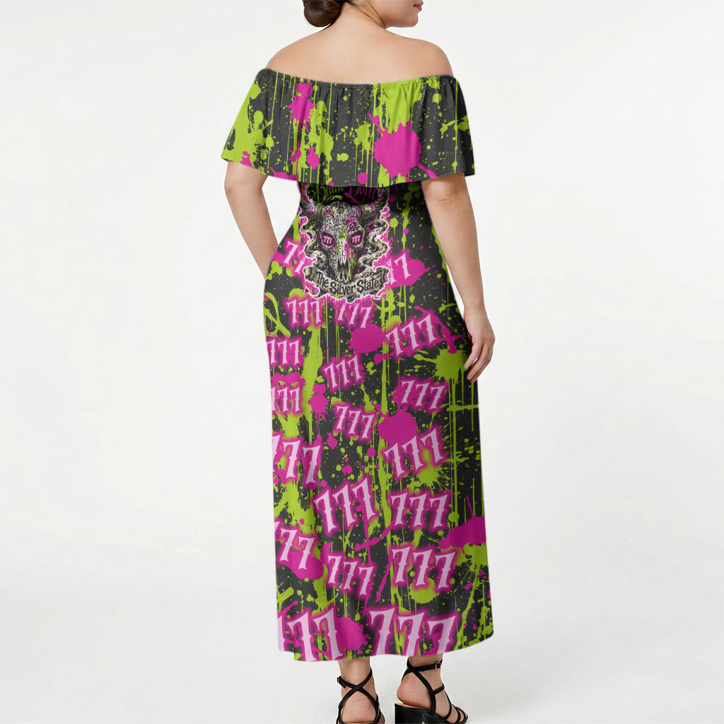 Nevada Battle Born The Silver State 777 Off Shoulder Maxi Dress Vibrant Lime Pink Splatter Punk Rock Bull Skull Art