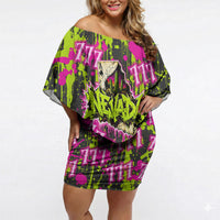 Nevada Battle Born The Silver State 777 Off Shoulder Short Dress Vibrant Lime Pink Splatter Punk Rock Bull Skull Art