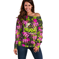 Nevada Battle Born The Silver State 777 Off Shoulder Sweater Vibrant Lime Pink Splatter Punk Rock Bull Skull Art