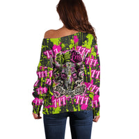 Nevada Battle Born The Silver State 777 Off Shoulder Sweater Vibrant Lime Pink Splatter Punk Rock Bull Skull Art