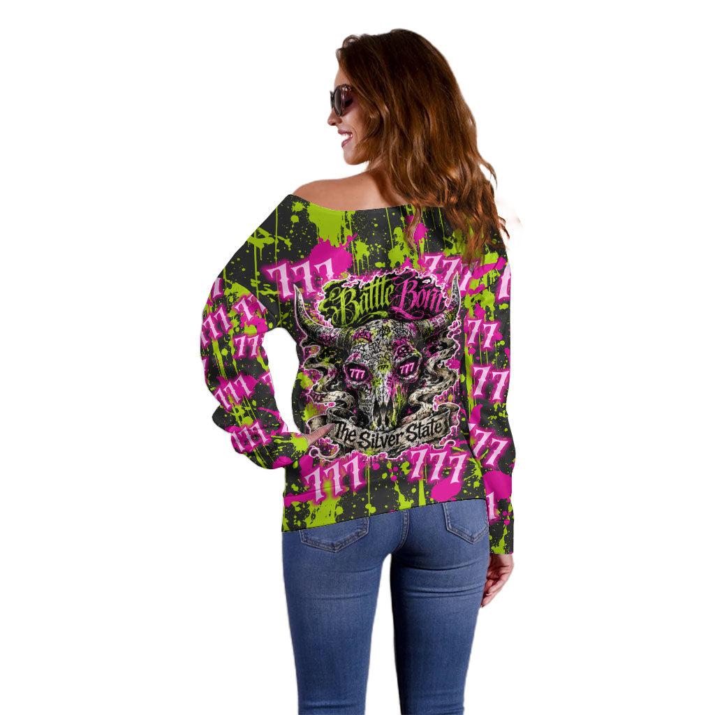 Nevada Battle Born The Silver State 777 Off Shoulder Sweater Vibrant Lime Pink Splatter Punk Rock Bull Skull Art