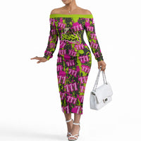 Nevada Battle Born The Silver State 777 Off The Shoulder Long Sleeve Dress Vibrant Lime Pink Splatter Punk Rock Bull Skull Art