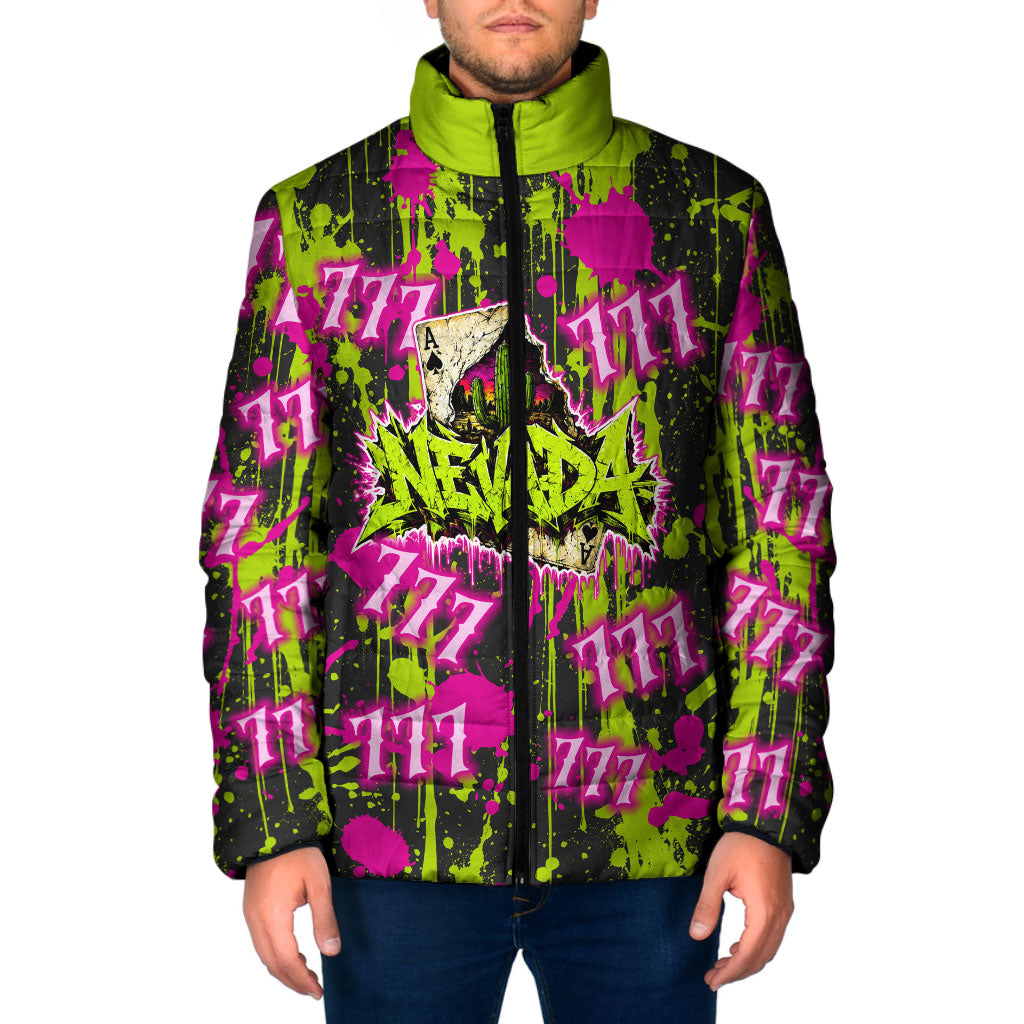 Nevada Battle Born The Silver State 777 Padded Jacket Vibrant Lime Pink Splatter Punk Rock Bull Skull Art
