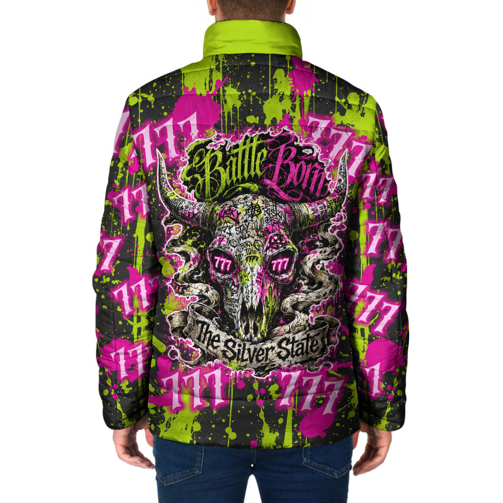 Nevada Battle Born The Silver State 777 Padded Jacket Vibrant Lime Pink Splatter Punk Rock Bull Skull Art