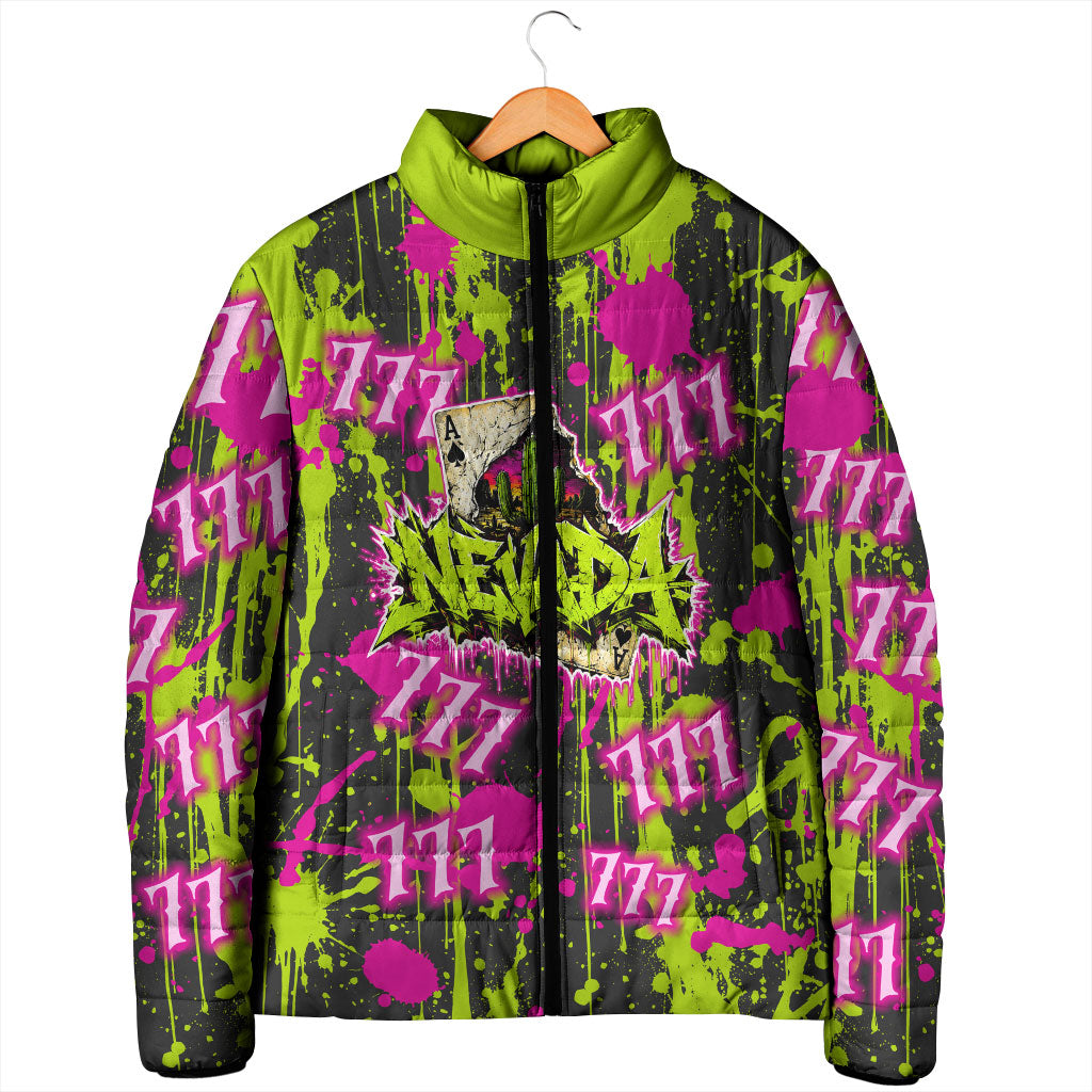 Nevada Battle Born The Silver State 777 Padded Jacket Vibrant Lime Pink Splatter Punk Rock Bull Skull Art