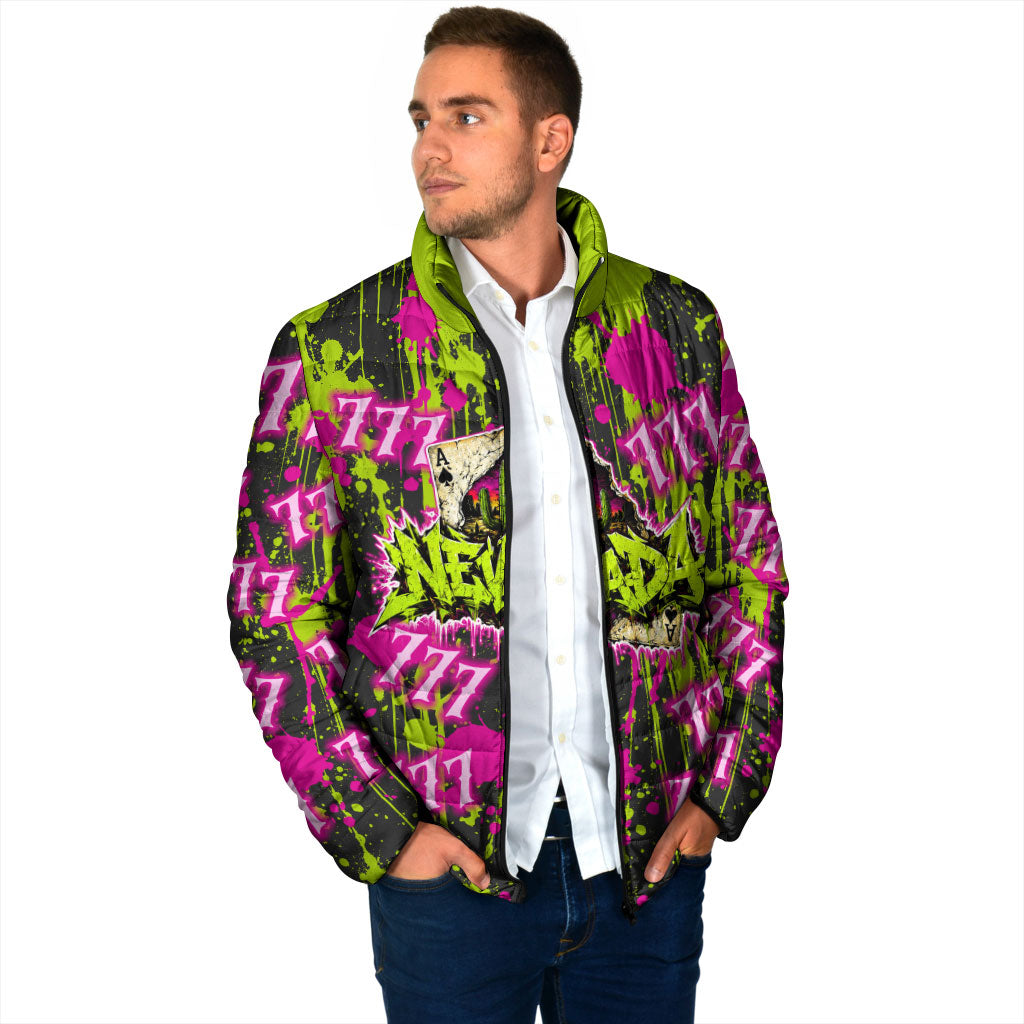 Nevada Battle Born The Silver State 777 Padded Jacket Vibrant Lime Pink Splatter Punk Rock Bull Skull Art