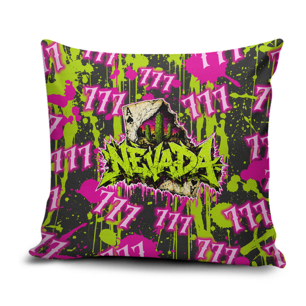Nevada Battle Born The Silver State 777 Pillow Cover Vibrant Lime Pink Splatter Punk Rock Bull Skull Art