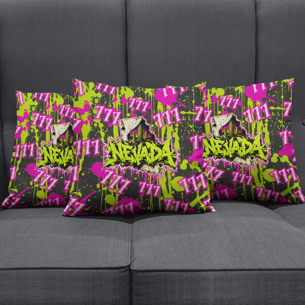 Nevada Battle Born The Silver State 777 Pillow Cover Vibrant Lime Pink Splatter Punk Rock Bull Skull Art