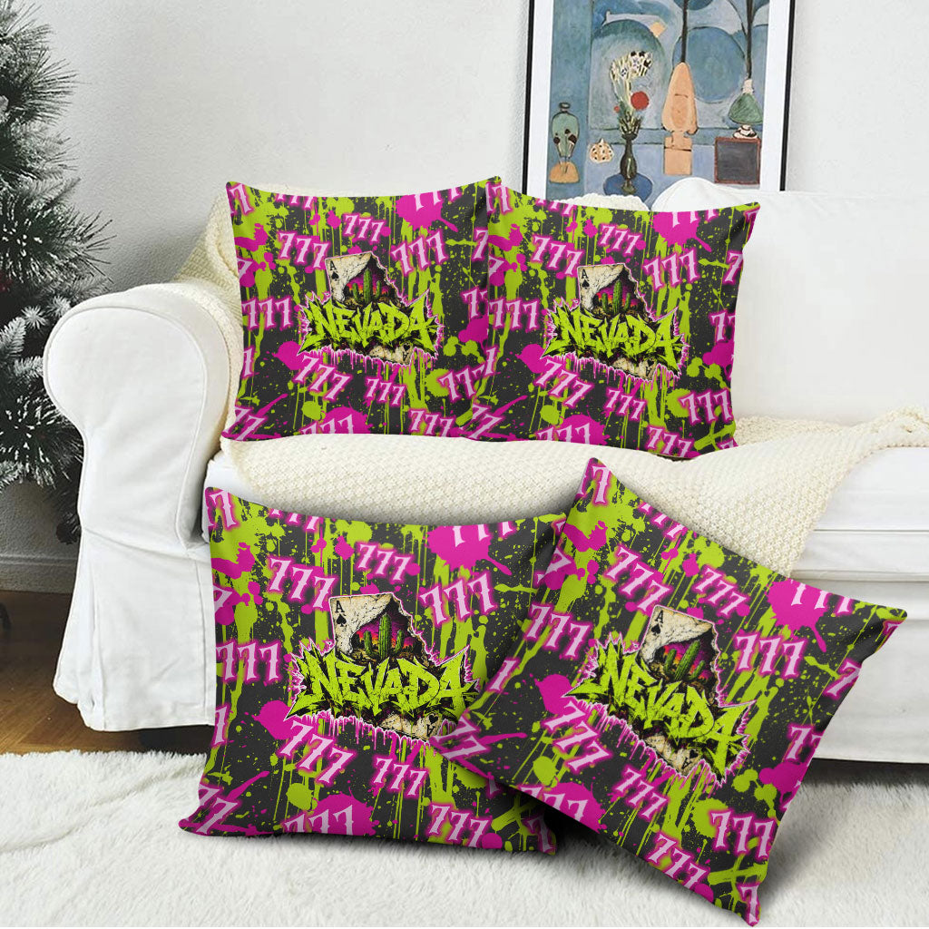Nevada Battle Born The Silver State 777 Pillow Cover Vibrant Lime Pink Splatter Punk Rock Bull Skull Art
