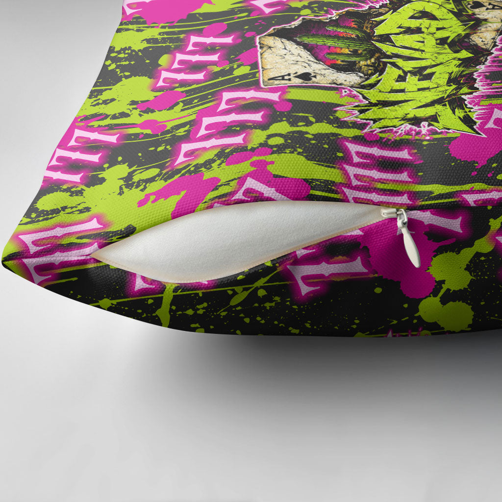 Nevada Battle Born The Silver State 777 Pillow Cover Vibrant Lime Pink Splatter Punk Rock Bull Skull Art