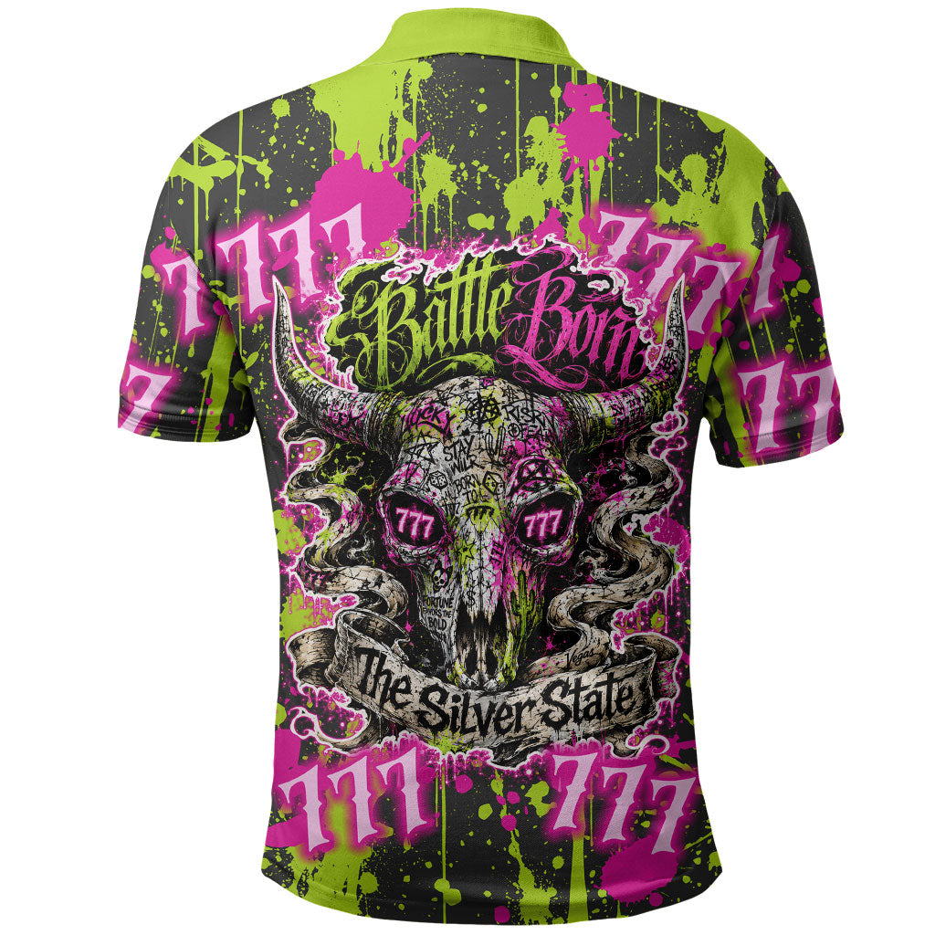 Nevada Battle Born The Silver State 777 Polo Shirt Vibrant Lime Pink Splatter Punk Rock Bull Skull Art