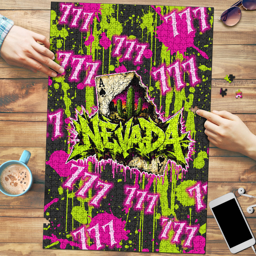 Nevada Battle Born The Silver State 777 Puzzle Vibrant Lime Pink Splatter Punk Rock Bull Skull Art