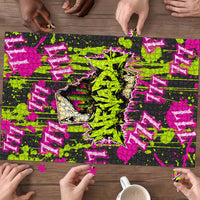 Nevada Battle Born The Silver State 777 Puzzle Vibrant Lime Pink Splatter Punk Rock Bull Skull Art