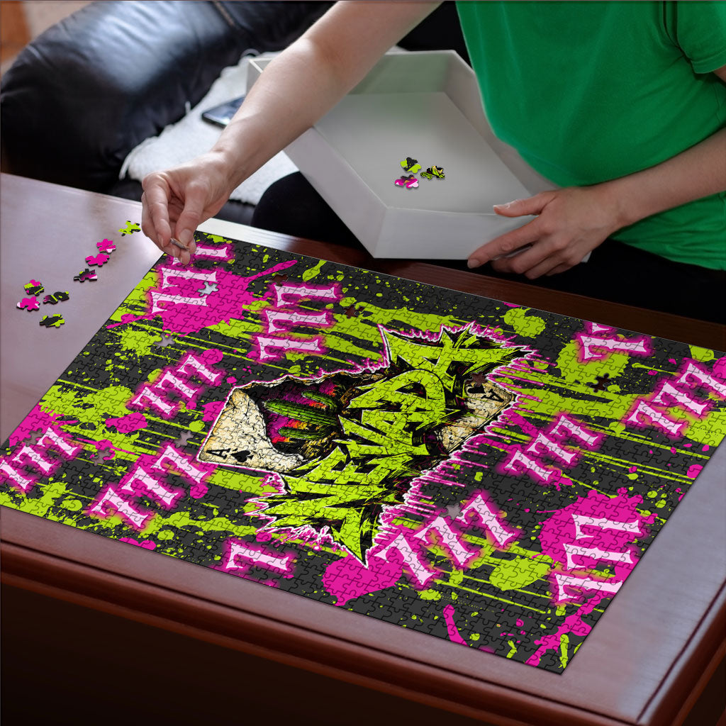 Nevada Battle Born The Silver State 777 Puzzle Vibrant Lime Pink Splatter Punk Rock Bull Skull Art