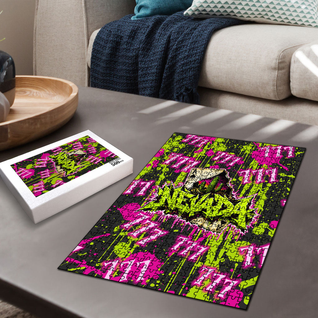Nevada Battle Born The Silver State 777 Puzzle Vibrant Lime Pink Splatter Punk Rock Bull Skull Art