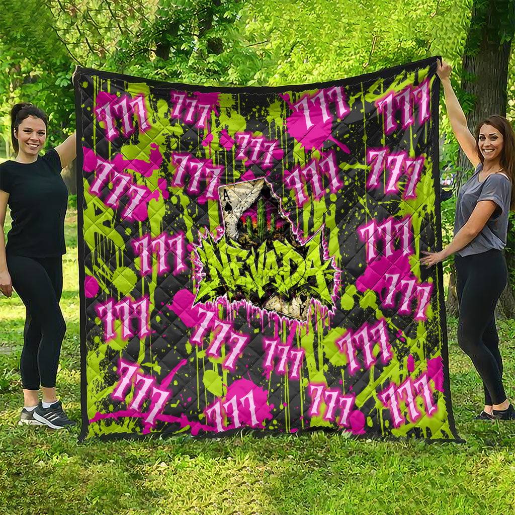 Nevada Battle Born The Silver State 777 Quilt Vibrant Lime Pink Splatter Punk Rock Bull Skull Art