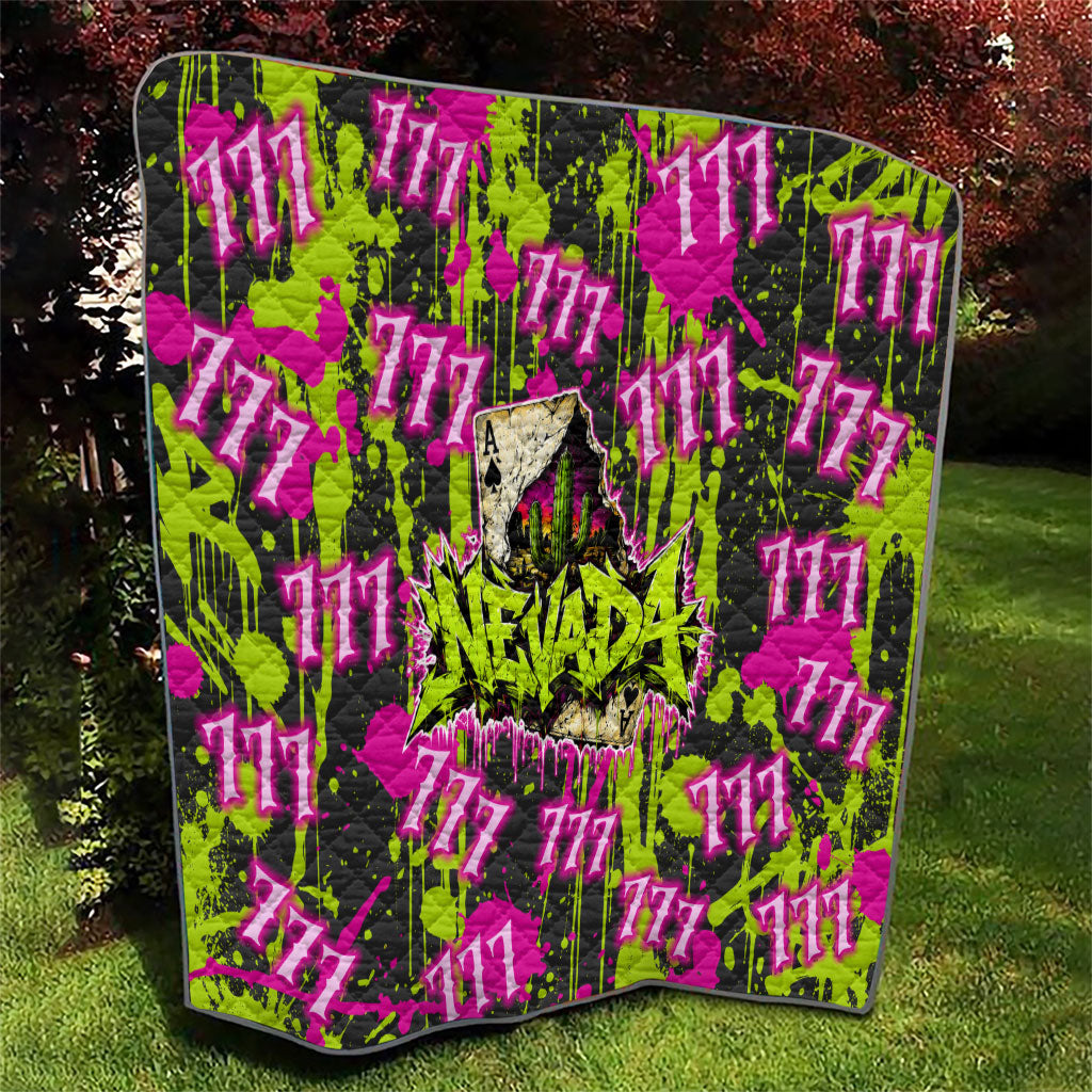 Nevada Battle Born The Silver State 777 Quilt Vibrant Lime Pink Splatter Punk Rock Bull Skull Art