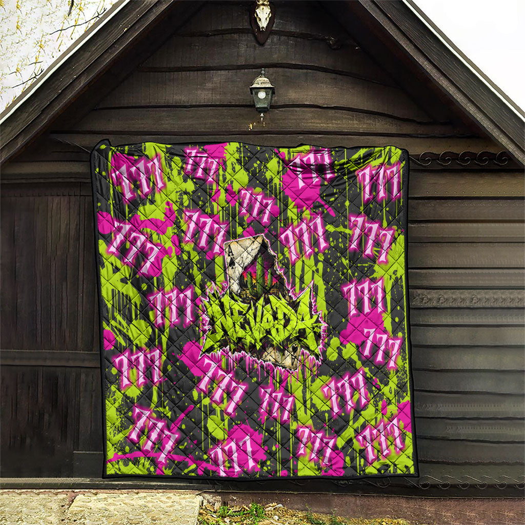 Nevada Battle Born The Silver State 777 Quilt Vibrant Lime Pink Splatter Punk Rock Bull Skull Art