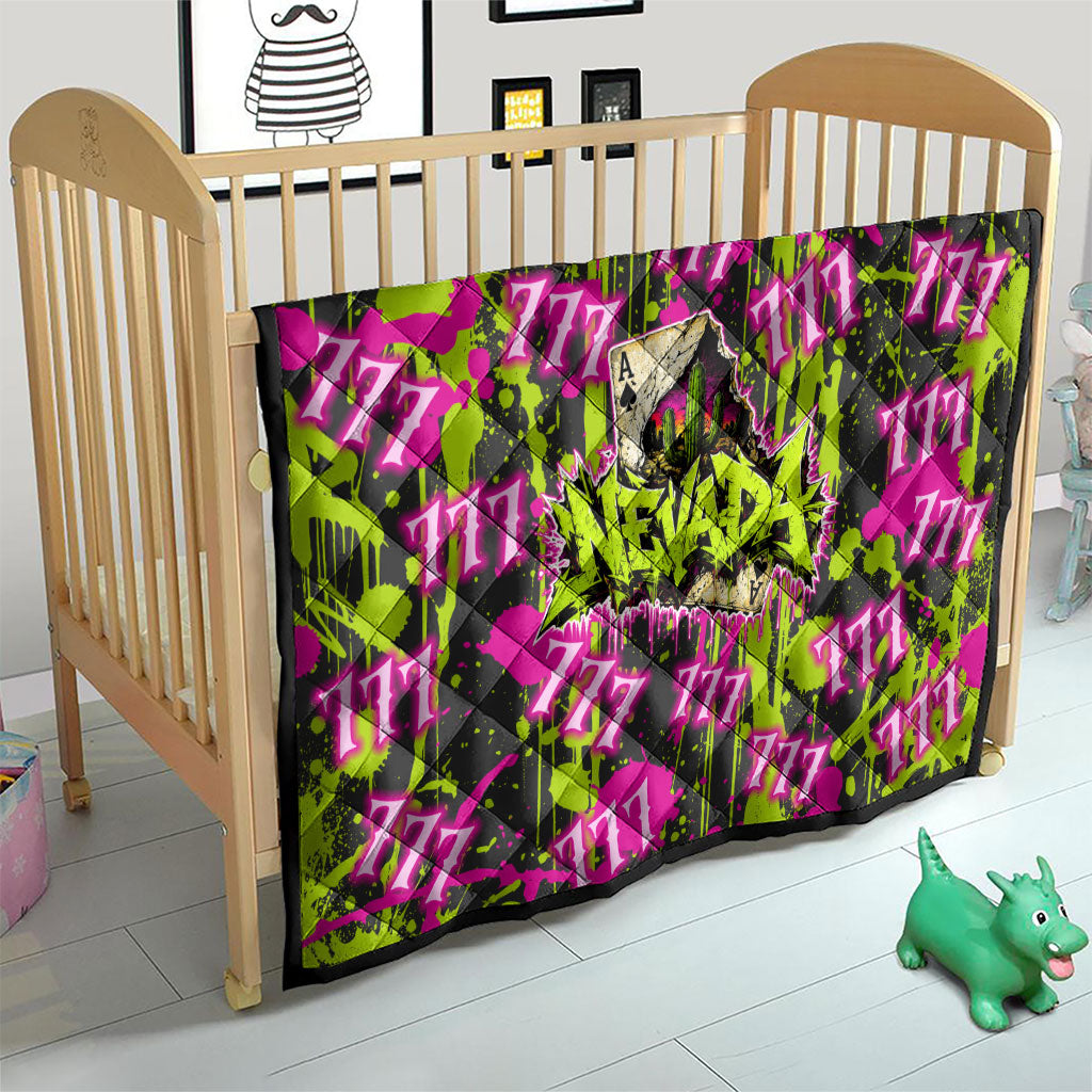 Nevada Battle Born The Silver State 777 Quilt Vibrant Lime Pink Splatter Punk Rock Bull Skull Art