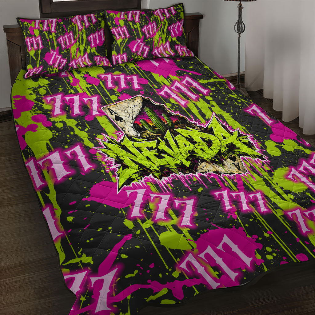 Nevada Battle Born The Silver State 777 Quilt Bed Set Vibrant Lime Pink Splatter Punk Rock Bull Skull Art