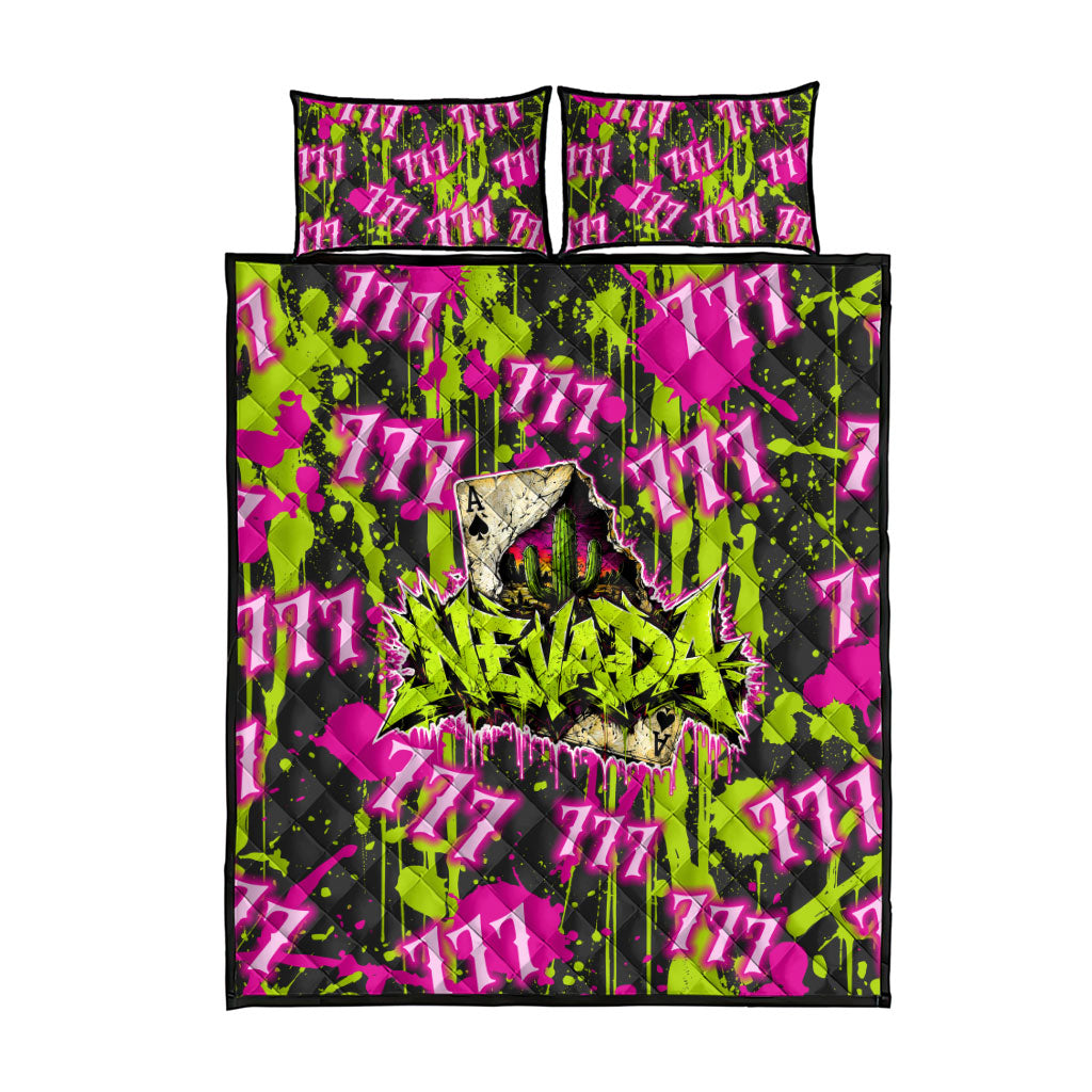 Nevada Battle Born The Silver State 777 Quilt Bed Set Vibrant Lime Pink Splatter Punk Rock Bull Skull Art