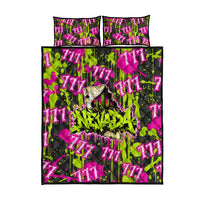 Nevada Battle Born The Silver State 777 Quilt Bed Set Vibrant Lime Pink Splatter Punk Rock Bull Skull Art