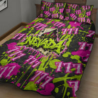 Nevada Battle Born The Silver State 777 Quilt Bed Set Vibrant Lime Pink Splatter Punk Rock Bull Skull Art