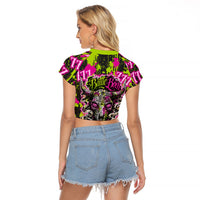 Nevada Battle Born The Silver State 777 Raglan Cropped T Shirt Vibrant Lime Pink Splatter Punk Rock Bull Skull Art