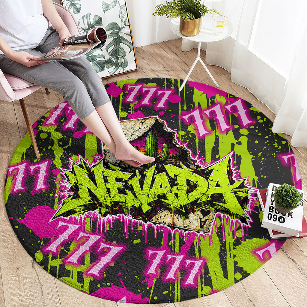 Nevada Battle Born The Silver State 777 Round Carpet Vibrant Lime Pink Splatter Punk Rock Bull Skull Art