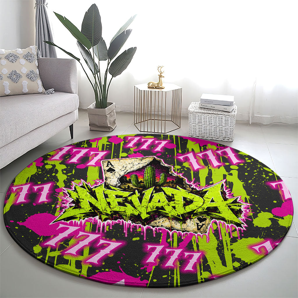 Nevada Battle Born The Silver State 777 Round Carpet Vibrant Lime Pink Splatter Punk Rock Bull Skull Art