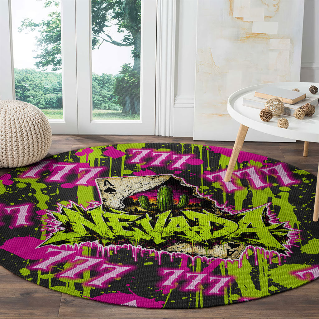 Nevada Battle Born The Silver State 777 Round Carpet Vibrant Lime Pink Splatter Punk Rock Bull Skull Art