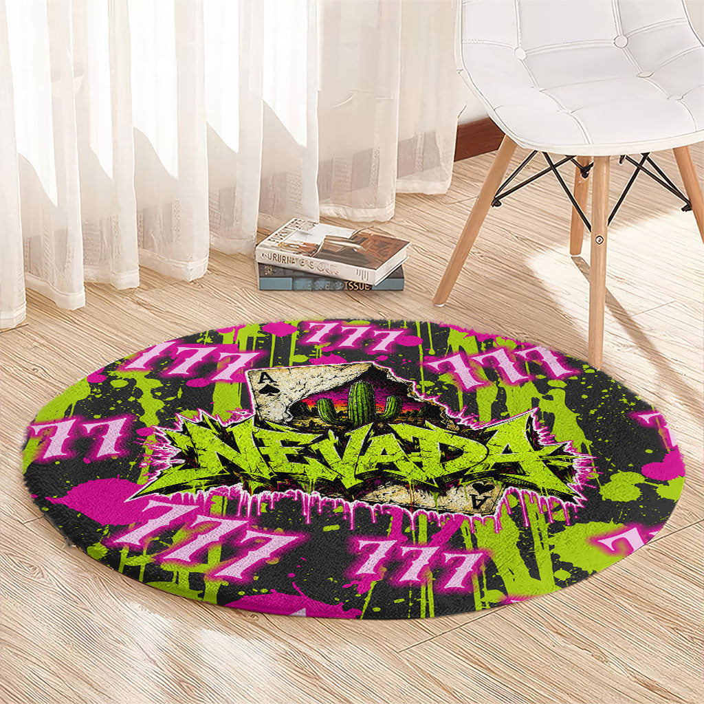 Nevada Battle Born The Silver State 777 Round Carpet Vibrant Lime Pink Splatter Punk Rock Bull Skull Art