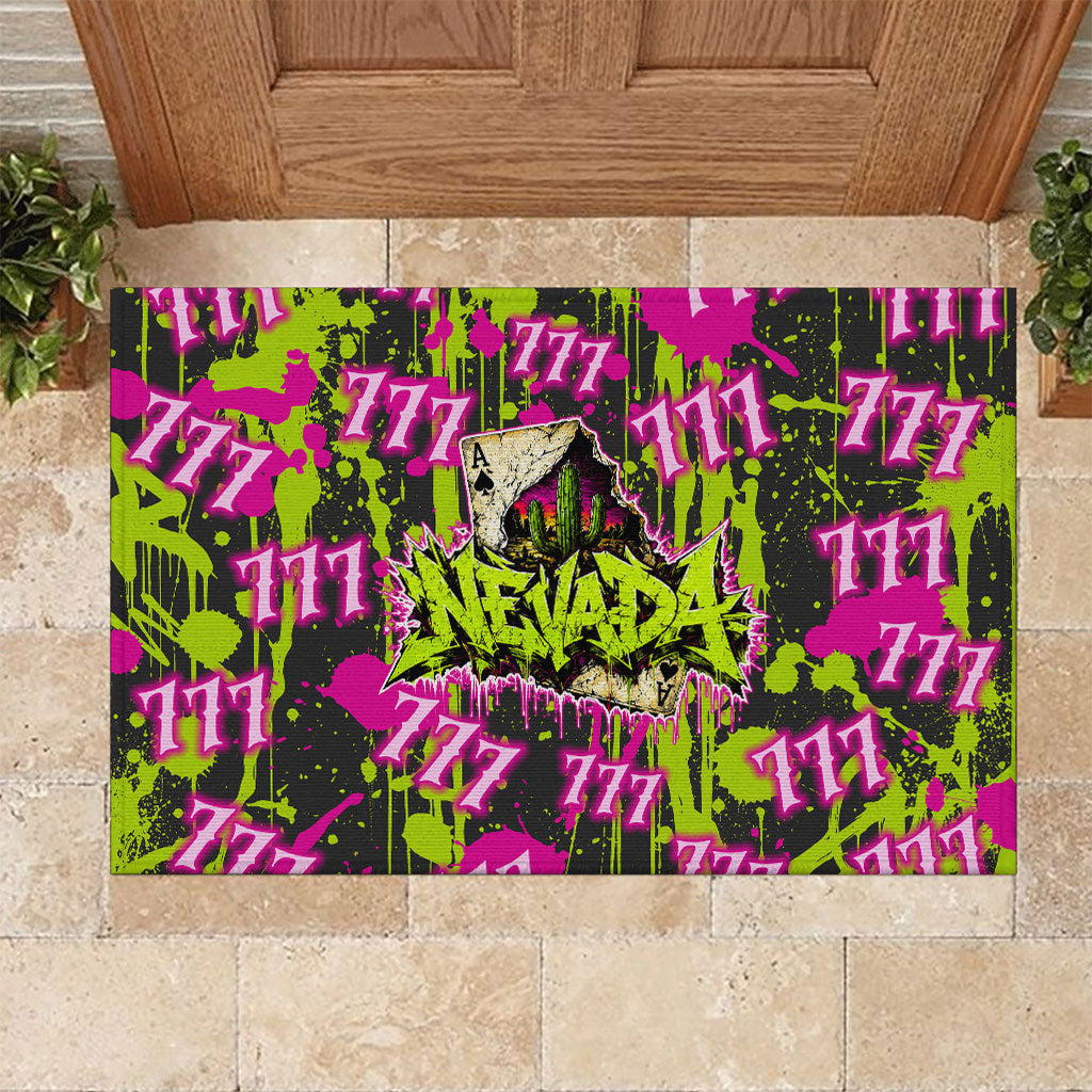 Nevada Battle Born The Silver State 777 Rubber Doormat Vibrant Lime Pink Splatter Punk Rock Bull Skull Art